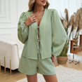 thumbnail image 6 of GZWYHT Sets for Women Lounge Sets for Women Women's 2 Piece Outfits Set Long Sleeve Tie Front Top Short Set Casual Tracksuit Pajama Sets 2 Piece Sets for Women Summer Sets for Women Green S, 6 of 9