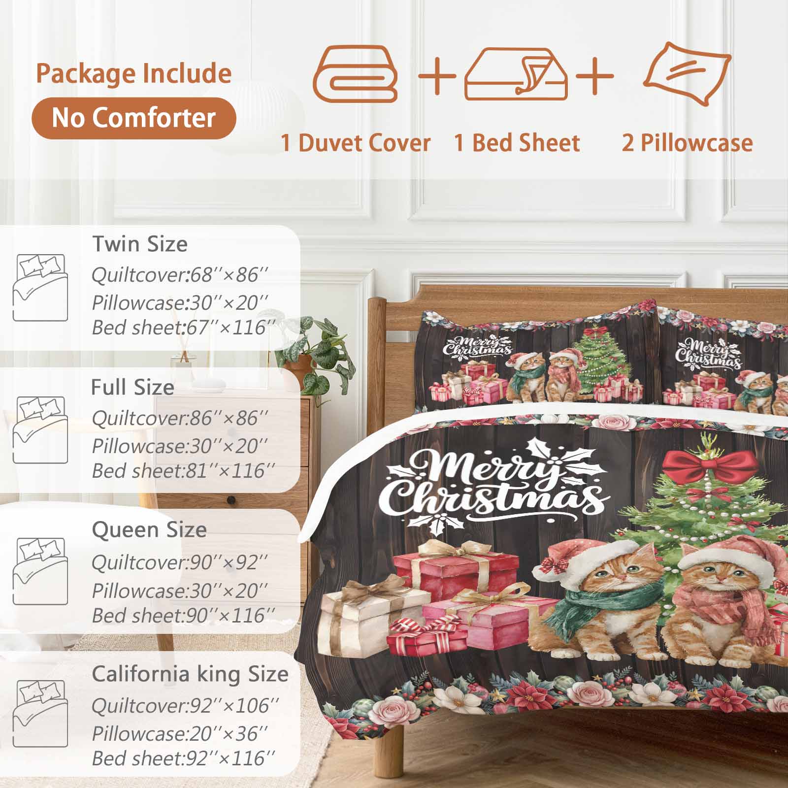 Christmas Bedding Duvet Cover Set Twin Size 4 Pieces Winter Xmas Cats Trees Gifts Flowers Brown Woods Bedding Set with Zipper Closure, 1 Comforter Cover 68x86 Inches 1 Flat Sheet & 2 Pillow Cases