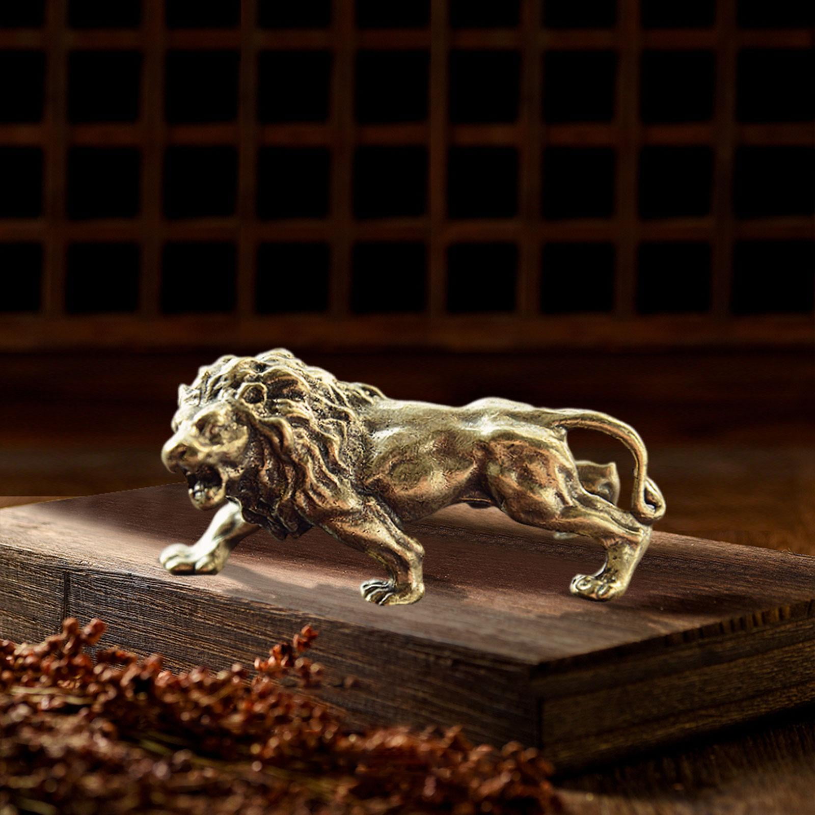 Lion Statue Copper Small Decorative Retro Ornament for Tabletop Shelf Office