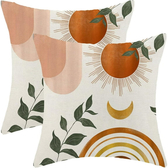 Boho Summer Pillow Covers 16 x 16 Inch, Fall Orange Rainbow Sun Moon Decor Throw Pillows for Couch Bed, Modern Abstract Leaf outdoor Farmhouse Decorative Pillowcase Linen Cushion Cover Set of 2