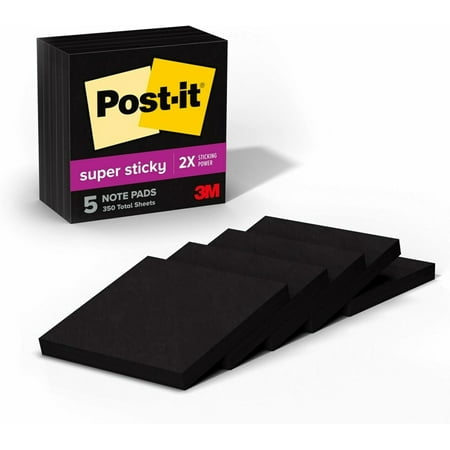 Super Sticky Notes, 3 in x in, 5 Pads, 2X The Sticking Power, Black, Recyclable (654-5SSSC)