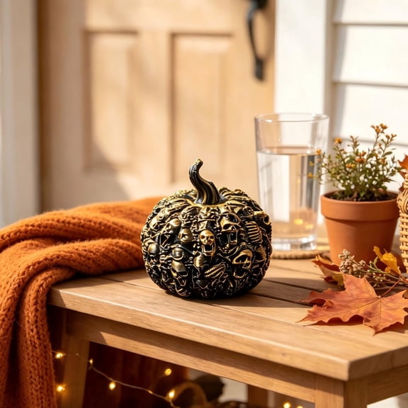 Fall Thanksgiving Halloween Decoration for Home Indoor Outdoor Clearance Under $15.00! Baroques Harvests Pumpkin Skull Black Pumpkin And Gold Skull Ornament Halloween Ornament