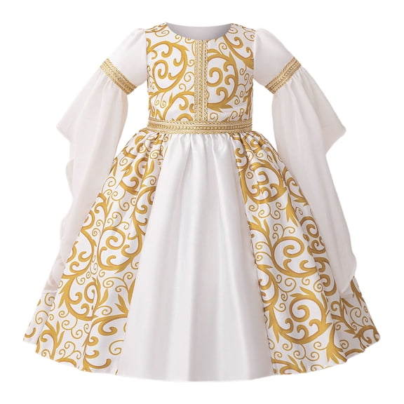 FINALGANG Girls Kids Scroll Print Dress Flare Sleeve Crewneck Gold Trim Decor Flared Skirt Vintage Princess Dress For Party Wear White 18-24 Months