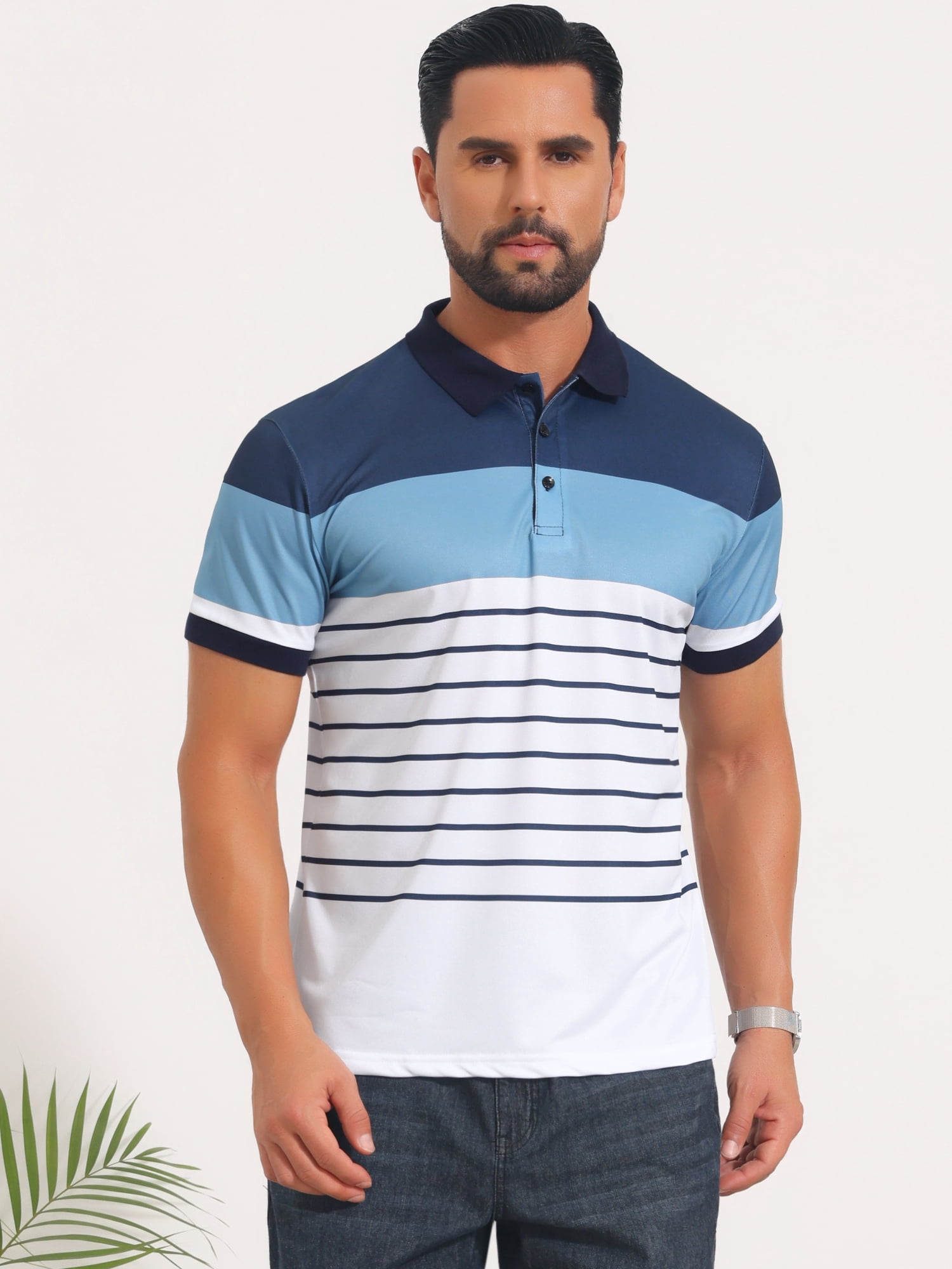 DARING DIVA Men's Colorblock Striped Short Sleeve Three Button Polo Shirts S Blue White