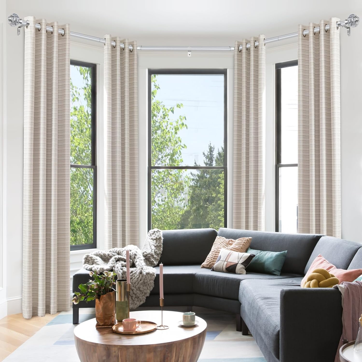 Bay Window Curtain Rod,Silver Curtain Rods for Bay windows 32 to 86 Inch (Center Rod), 32 to 58 Inch Side Rod for windows, Decorative Drapery Rods with Bling Finials
