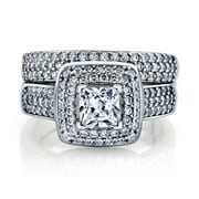Metal Masters Womens 1Ct. Sterling Silver 925 Princess-cut Double Halo Cubic Zirconia Wedding Engagement Ring Set