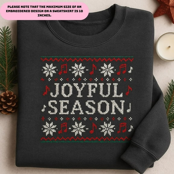 Embroidered Joyful Season Sweatshirt, Ugly Christmas Sweater, Holiday Music Notes Crewneck, Festive Winter Gift, Charcoal Gray Top
