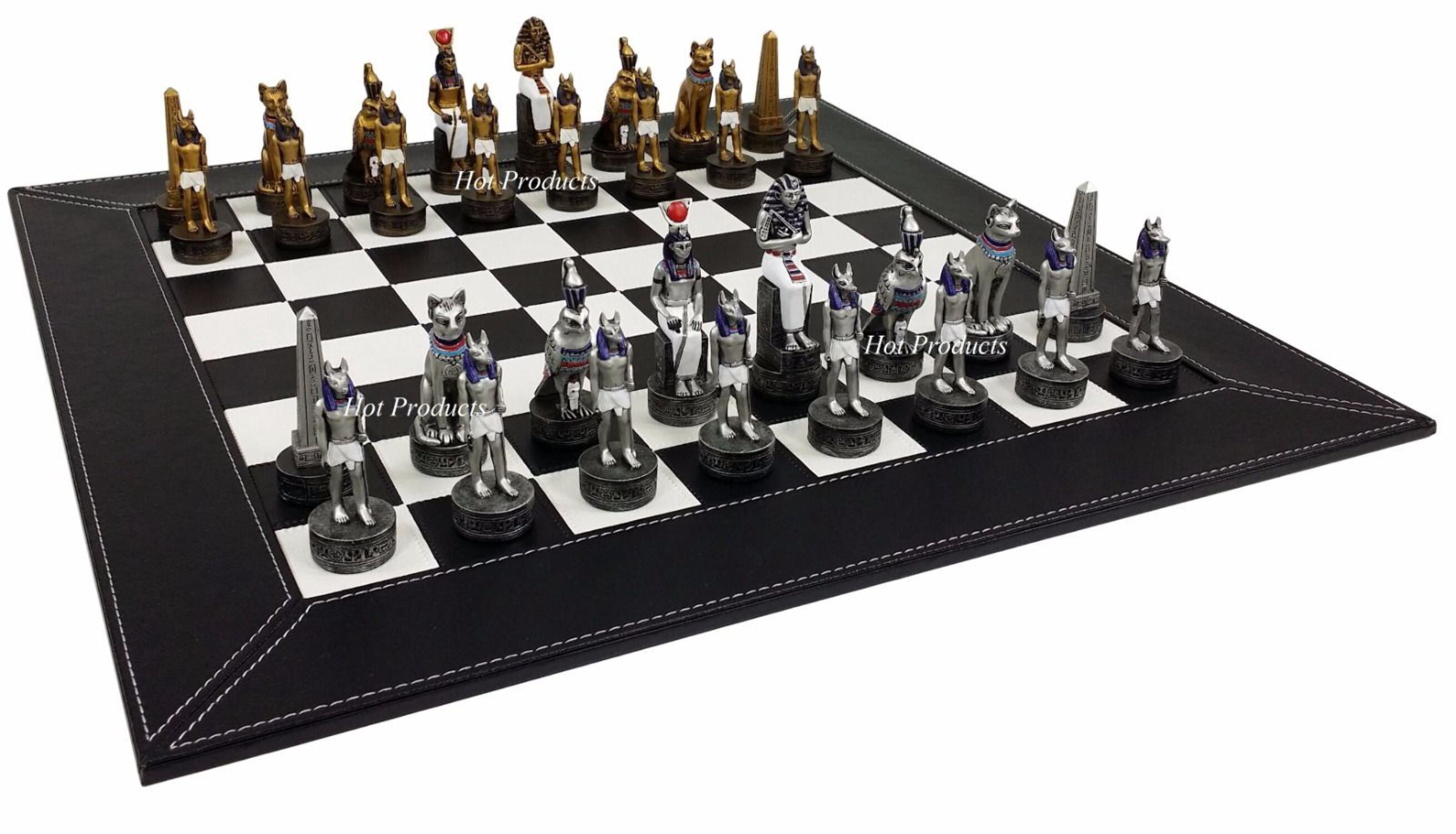 Egyptian Anubis Chess Set Gold  Silver Painted Men W/ 18" Faux Leather Board