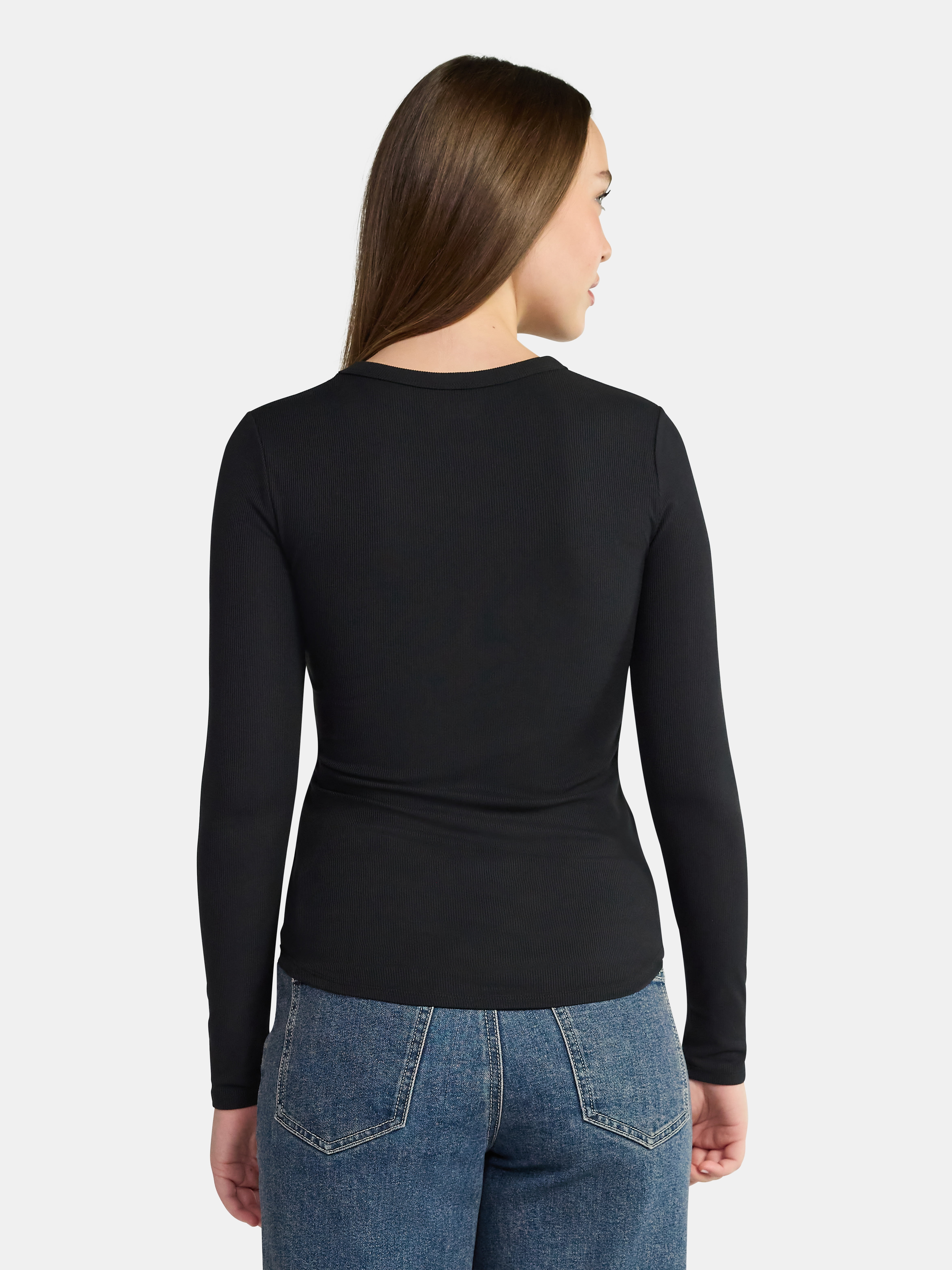 No Boundaries Ribbed Crewneck Tee with Long Sleeves, 1 or 2-Pack, Women's & Women's Plus XXS-XXL