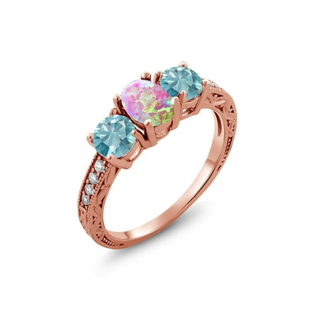 Pink Zircon Ring - 2.45 Ct Oval Cabochon Pink Simulated Opal Blue Zircon 18K Rose Gold Plated Silver Ring