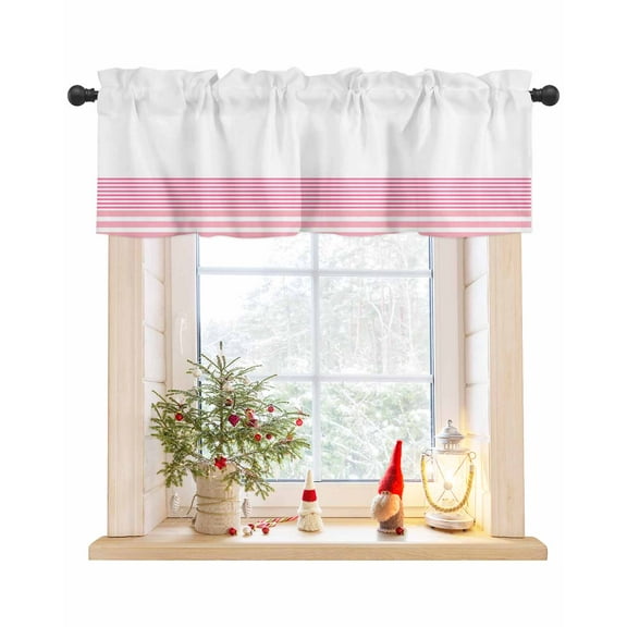 Pink Modern Stripes Curtain Valance for Windows/Living Room/Kitchen/Bathroom/Café, Short Rod Pocket Tier Curtain Window Panel Country Chic White Stiped Geometric Lines Topper Curtain 42''x12''