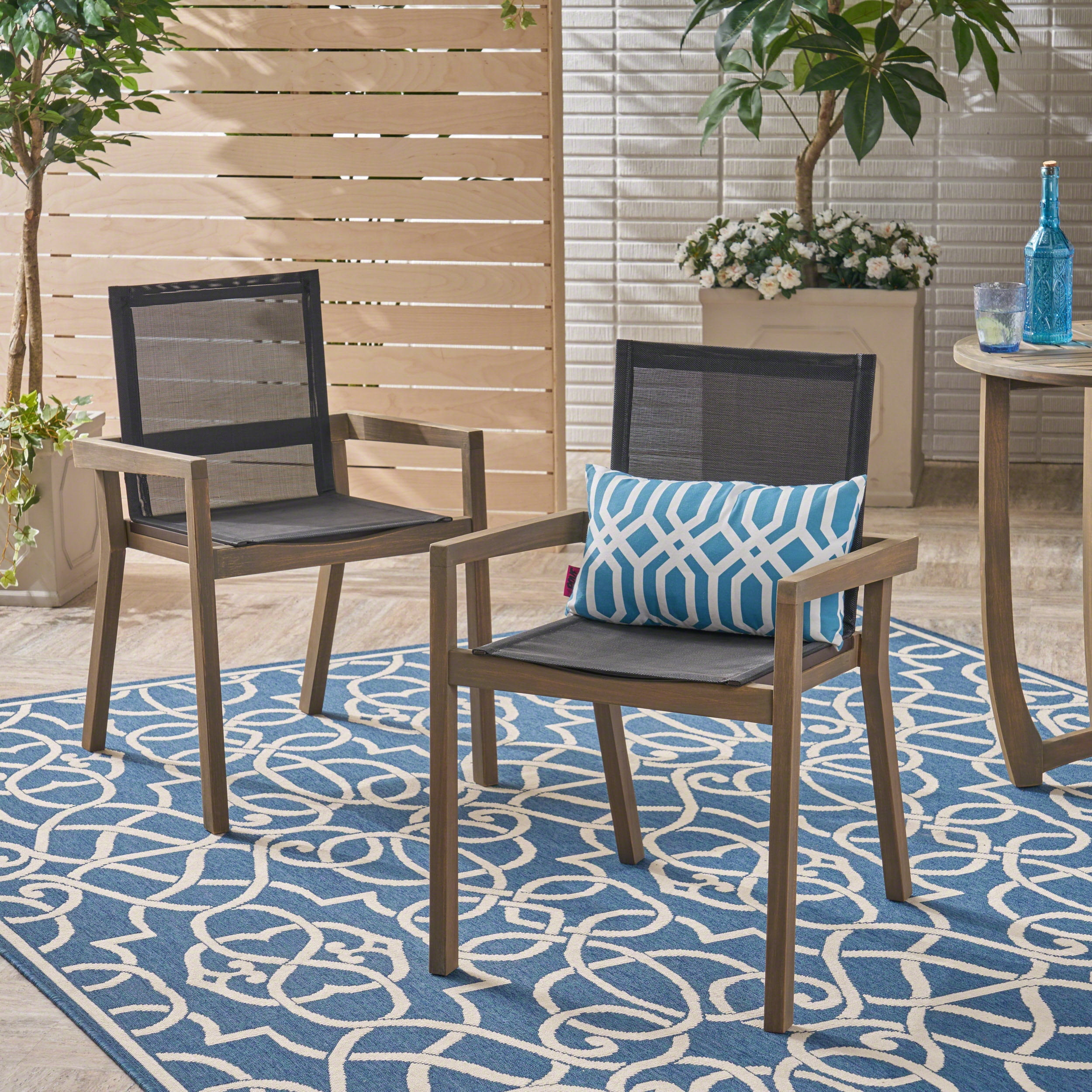 Outdoor Mesh Combined Dining Chair Set of 2, Wood Frame Household Seats for Patio Garden, Grey and Black