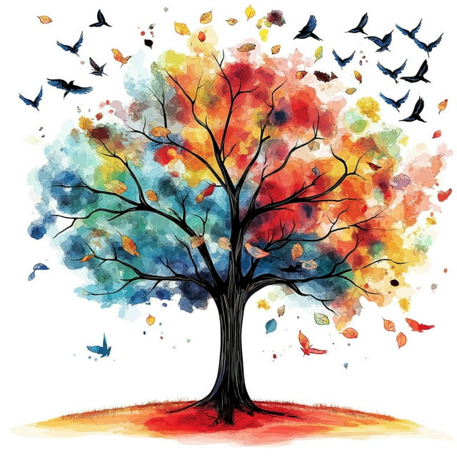 Adhesivos de pared, acuarela, árbol, color otoño, PVC, 56 x 83 cm