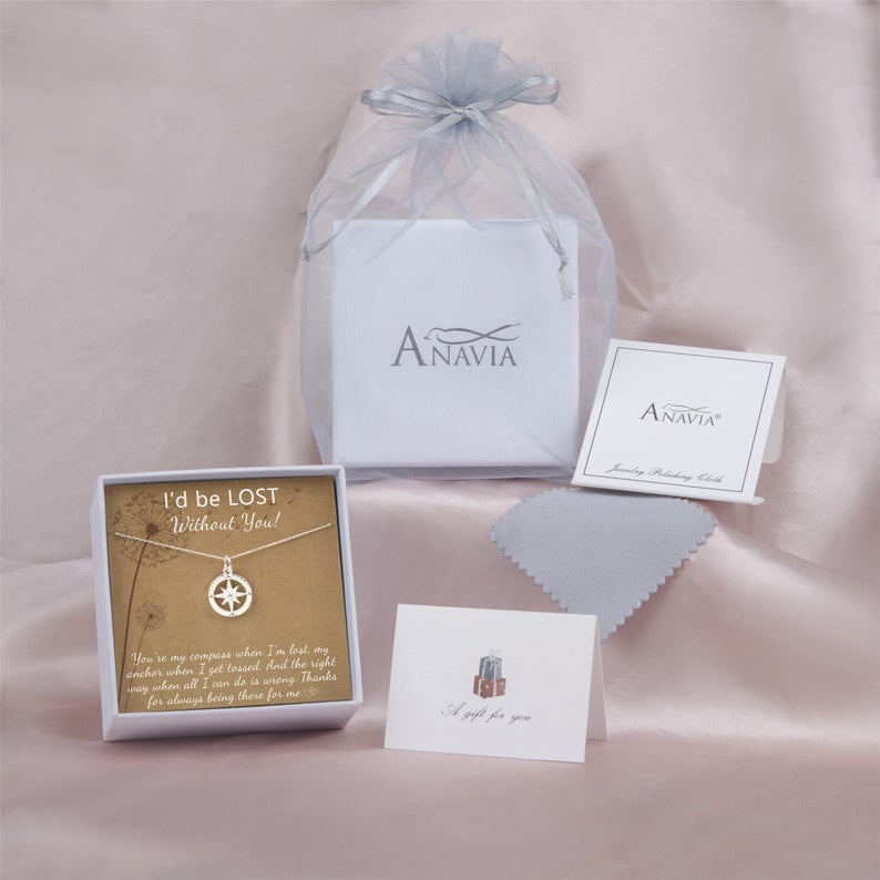 Anavia Custom Anniversary Gift for Girlfriend / Wife, Sterling Silver Compass Necklace Gift Card, I'd Be Lost Without You Jewelry for Her