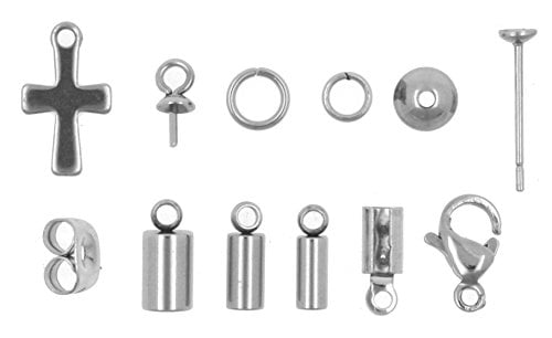 Mandala Crafts Stainless Steel Kumihimo Cord End Cap, Clasp, Ribbon Clamp, Bail Jewelry Finding Supplies Starter Kit (Endcaps, Bail Pegs, Earring Posts, Charms, Bead Caps)
