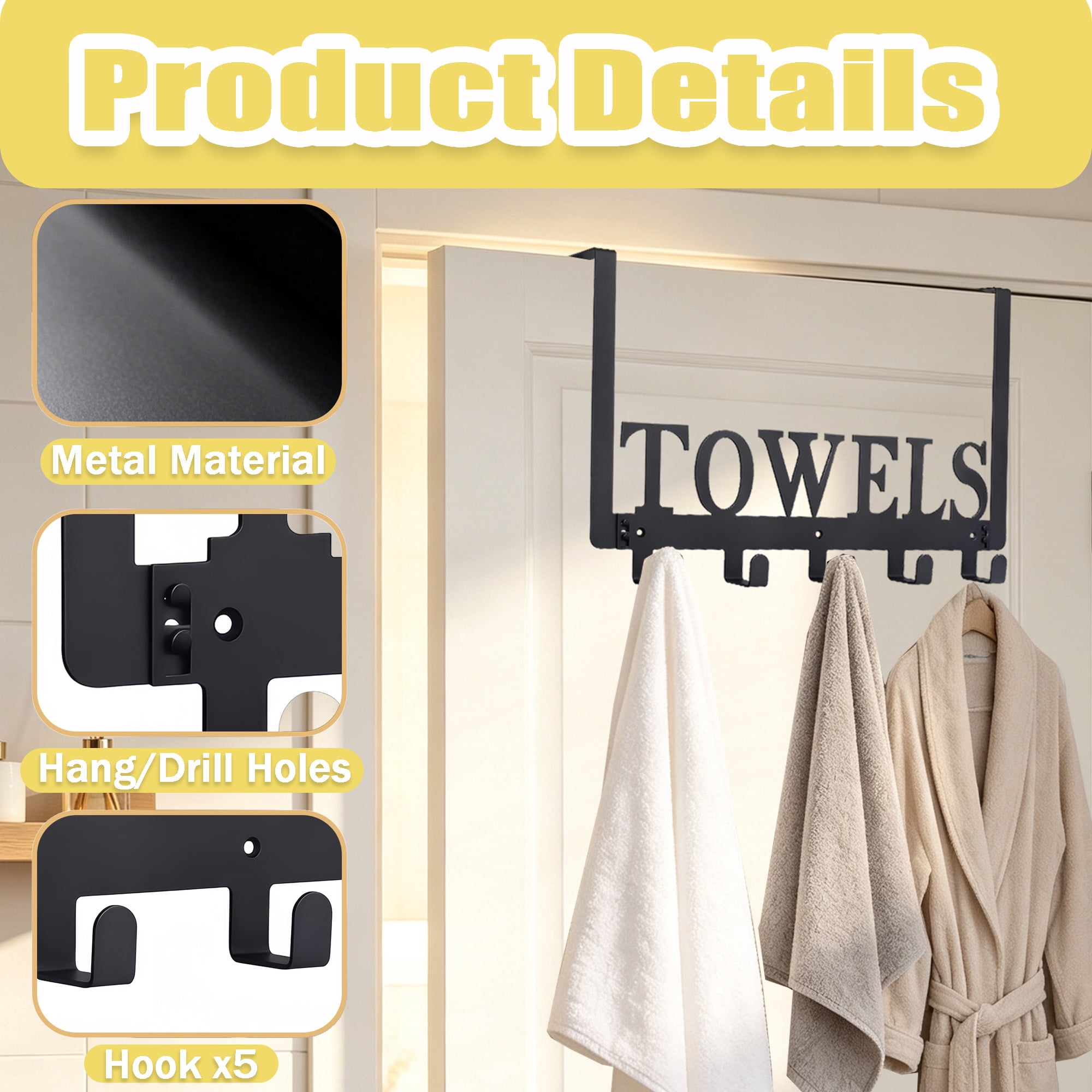 Over The Door Towel Rack, Metal Towel Holder with 5 Hooks, Wall Mounted Towel Hanger, Decorative Towel Organizer for Bathroom, Kitchen, Bedroom Closet