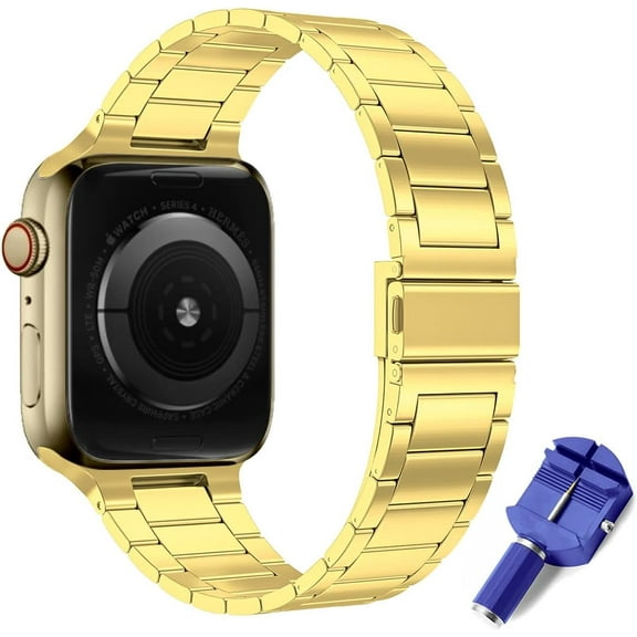PINHEN Metal Strap Compatible with Apple Watch Strap, 42mm 44mm 45mm 49mm Stainless Steel Replacement Band Bracelet Compatible with iWatch Series Ultra/8/7/6/SE/5/4/3/2/1 Strap, Gold