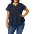 thumbnail image 5 of Agnes Orinda Women's Plus Top Contrast Panel V Neck Elastic Back Short Sleeve Blouses 3X Dark Blue, 5 of 6