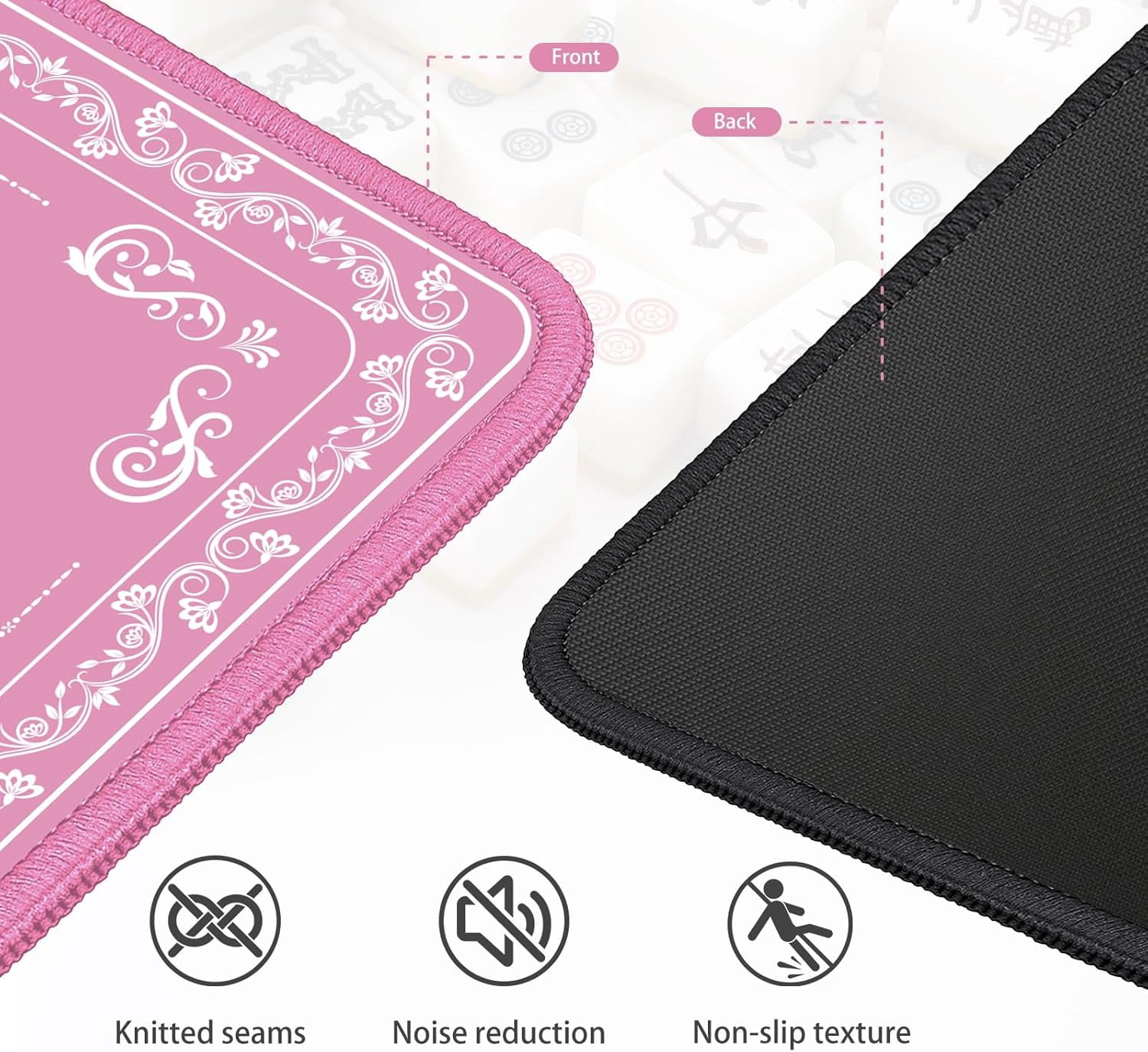 Mahjong Mat - Elegant Pink with Lace Trim | Non-Slip Rubber Gaming Mat & Noise Reducer | for Mahjong Tiles, Poker, Cards, Dominoes, Board Games | 31.5x31.5 Inch