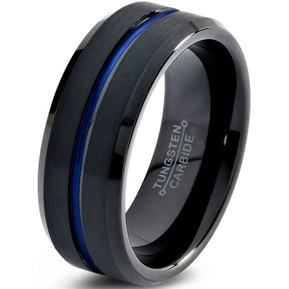 P. Manoukian Tungsten Wedding Band Ring 8mm for Men Women Black Blue Center Line Beveled Edge Brushed Lifetime Guarantee Size 4