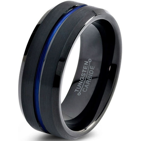 P. Manoukian Tungsten Wedding Band Ring 8mm for Men Women Black Blue Center Line Beveled Edge Brushed Lifetime Guarantee Size 7.5