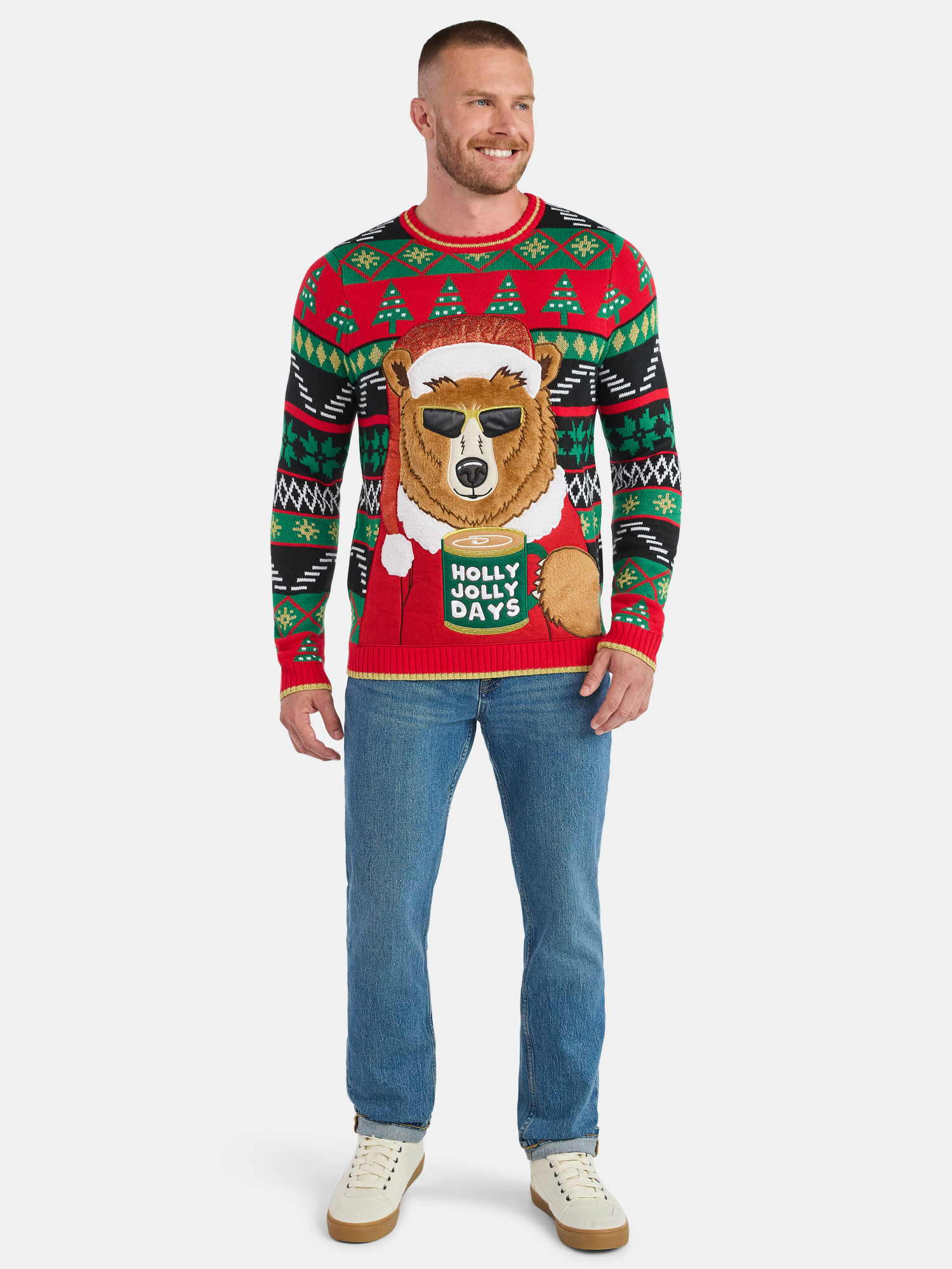 Men's Holly Jolly Days Bear Ugly Christmas Sweater from Holiday Time, Midweight, Sizes M-2XL
