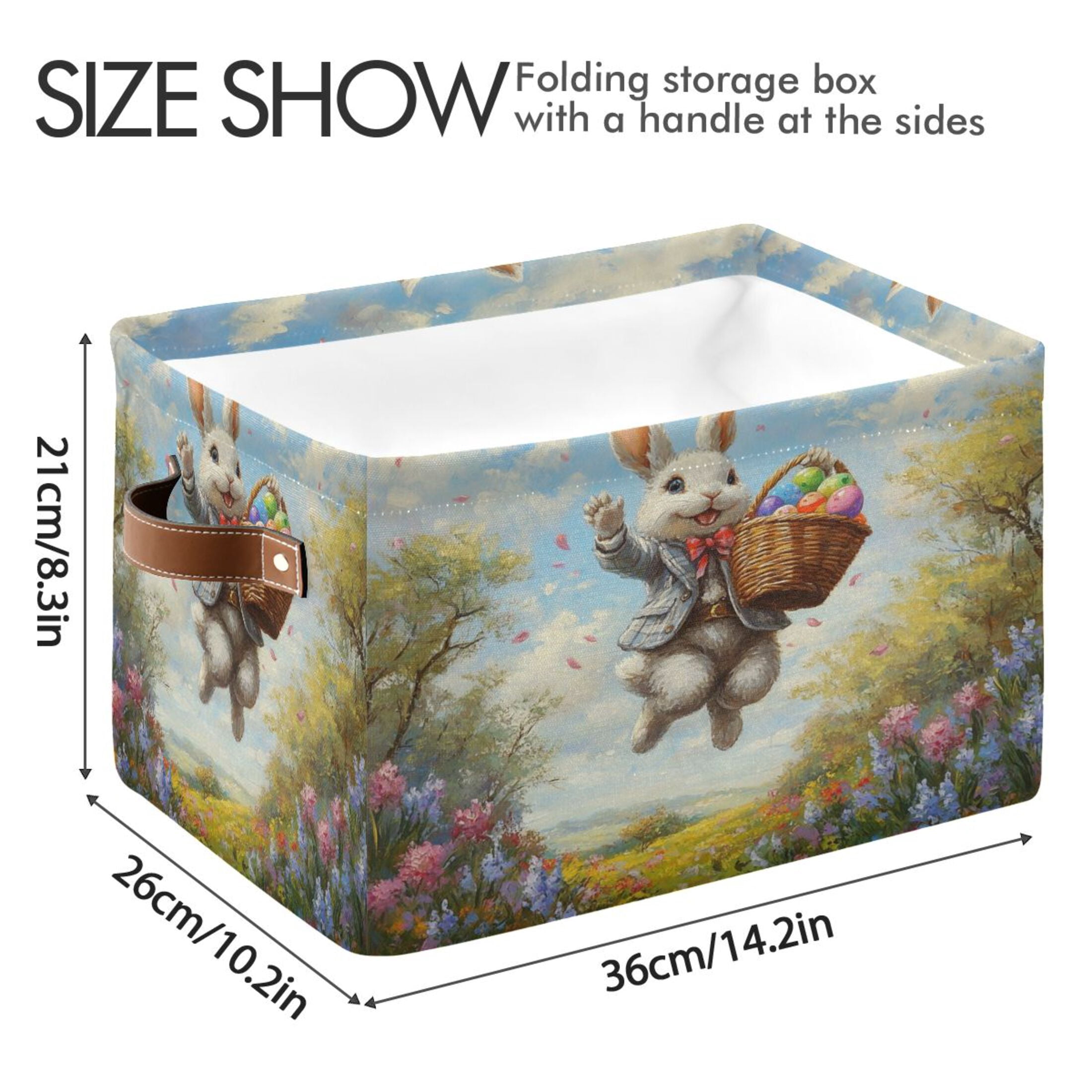 WOBOGO Cheerful Easter Bunny Square Storage Basket with Waterproof Canvas and PE Lining Durable PU Leather Handles 14.2×10.2×8.3in