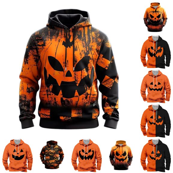 LIIPEE Halloween Graphic Hoodies For Men Long Sleeve Hooded Sweatshirts Male Autumn Winter Comfortable Versatile Pullover With Pockets,XXL