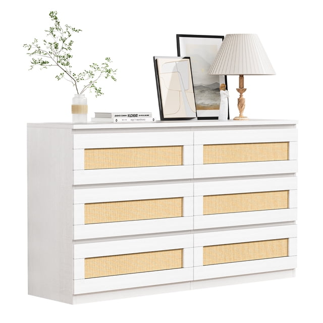 Commode en Rotin pour Chambre avec 6 Tiroirs, Commode Grand de Style Ferme Moderne de 47 Pouces, Armoire de Rangement en Bois Organisateur
