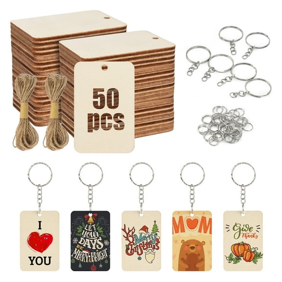 HUIANER 50Pcs Rectangle Shaped Unfinished Wooden Blank Tags, 50 pieces of keyring Set, DIY and Craft