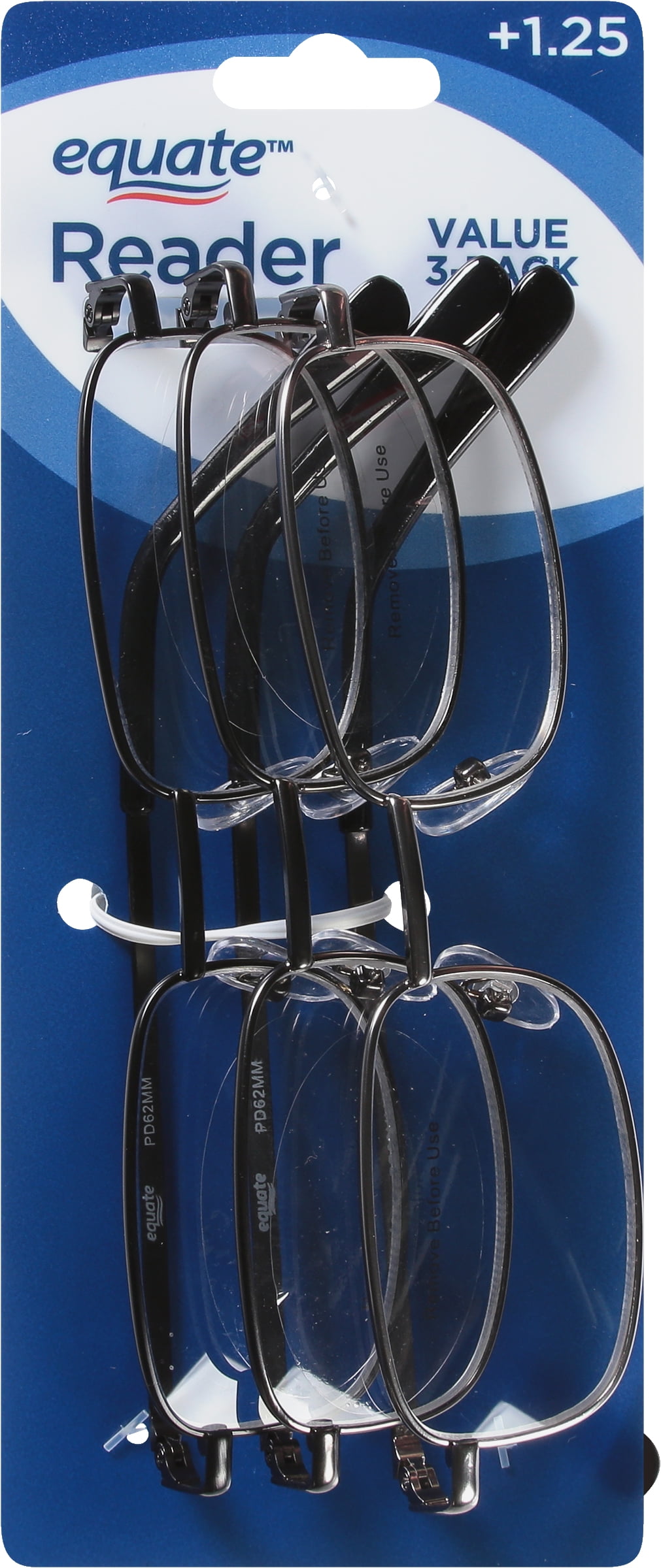 Equate Council Value 3-Pack Unisex Rectangular Reading Glasses, +1.25