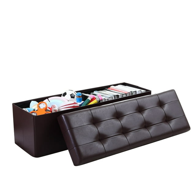 Foldable Furniture Box Storage Tufted Leather Ottoman Foot Rest (Large, Brown)