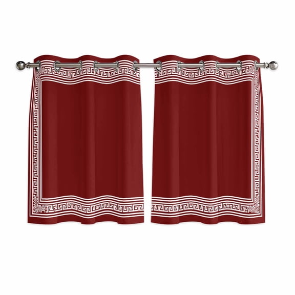 Red Geometric Kitchen Curtains Short 45 Inch Length, Country Farm Traditional Chinese Tile Grommet Top Bedroom Living Room Curtains, Light Filtering Cafe Curtain Drapes 2 Panels Set 84''x45''