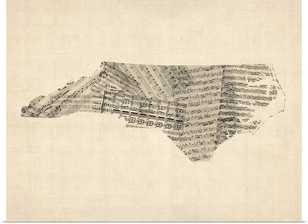 Great BIG Canvas | "Old Sheet Music Map of North Carolina" Art Print - 24x18