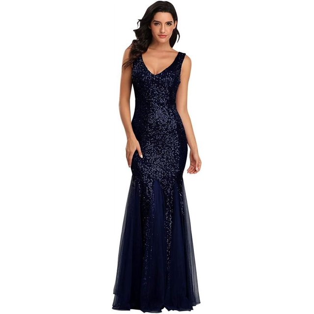 Robes de Soirée Formelles à Paillettes Sirène Longues Sans Manches Col en V Double