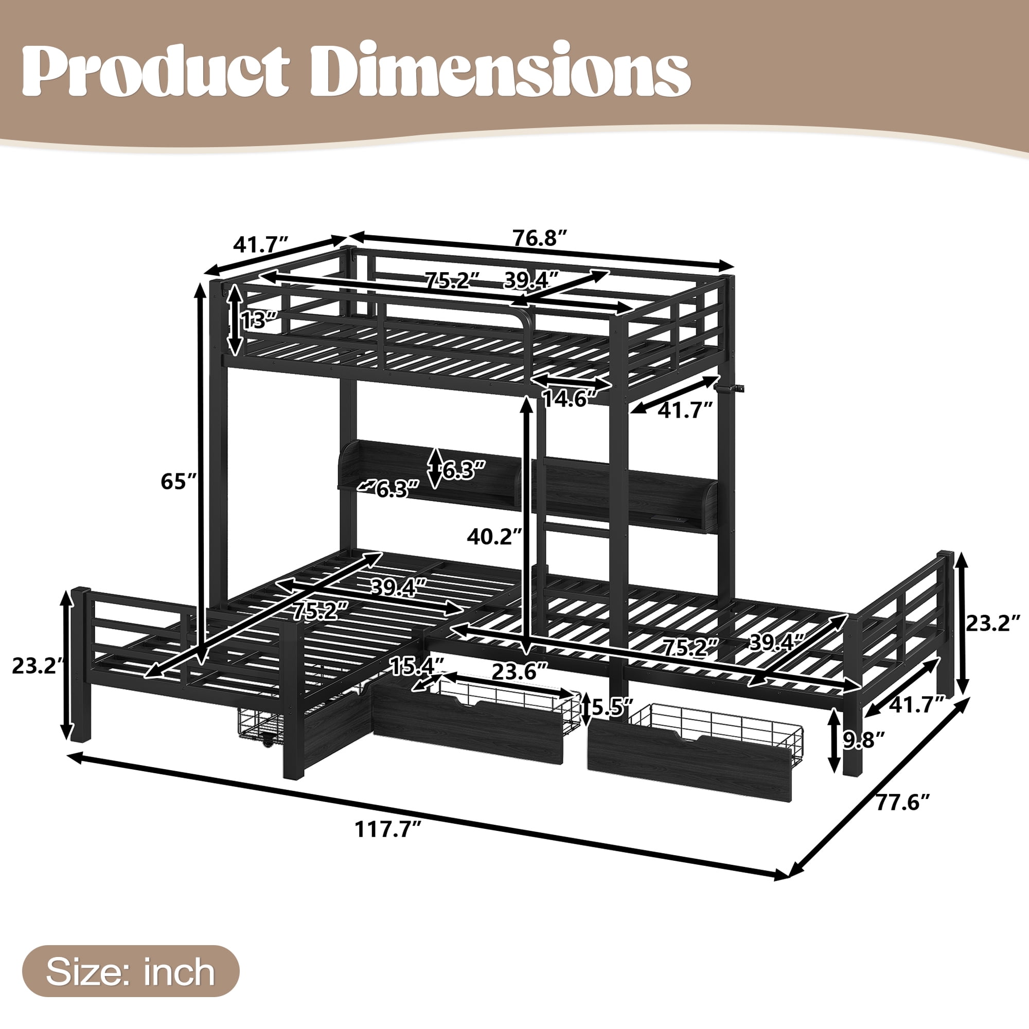 Mintazer L-Shaped Triple Twin Metal Loft Bunk Bed with LED Lights & Charging Station, 3-Sleeper Corner Bed Frame with Storage Shelves & 3 Drawers for Kids Teens Dorm Bedroom, Black