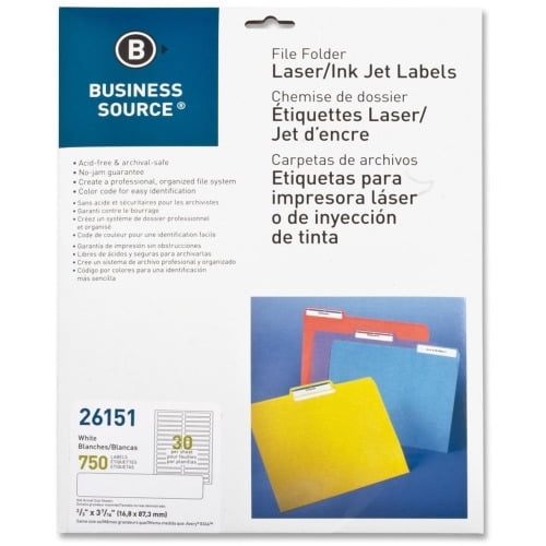 Business Source Laser/Inkjet Permanent File Folder Labels Permanent Adhesive - 0.67' x 3.43' Length - Rectangle - Laser, Inkjet - White - 30 / Sheet - 750 / Pack