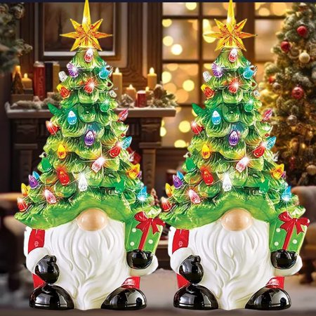 Lighted Christmas Tree Gnome Retro DIY Lighted Christmas Gnome Tree Small Mini Prelit Xmas Holiday Decor Resin Hand-Painted Xmas Tre Decorwith 32 Multicolored Lights for Tabletop Home