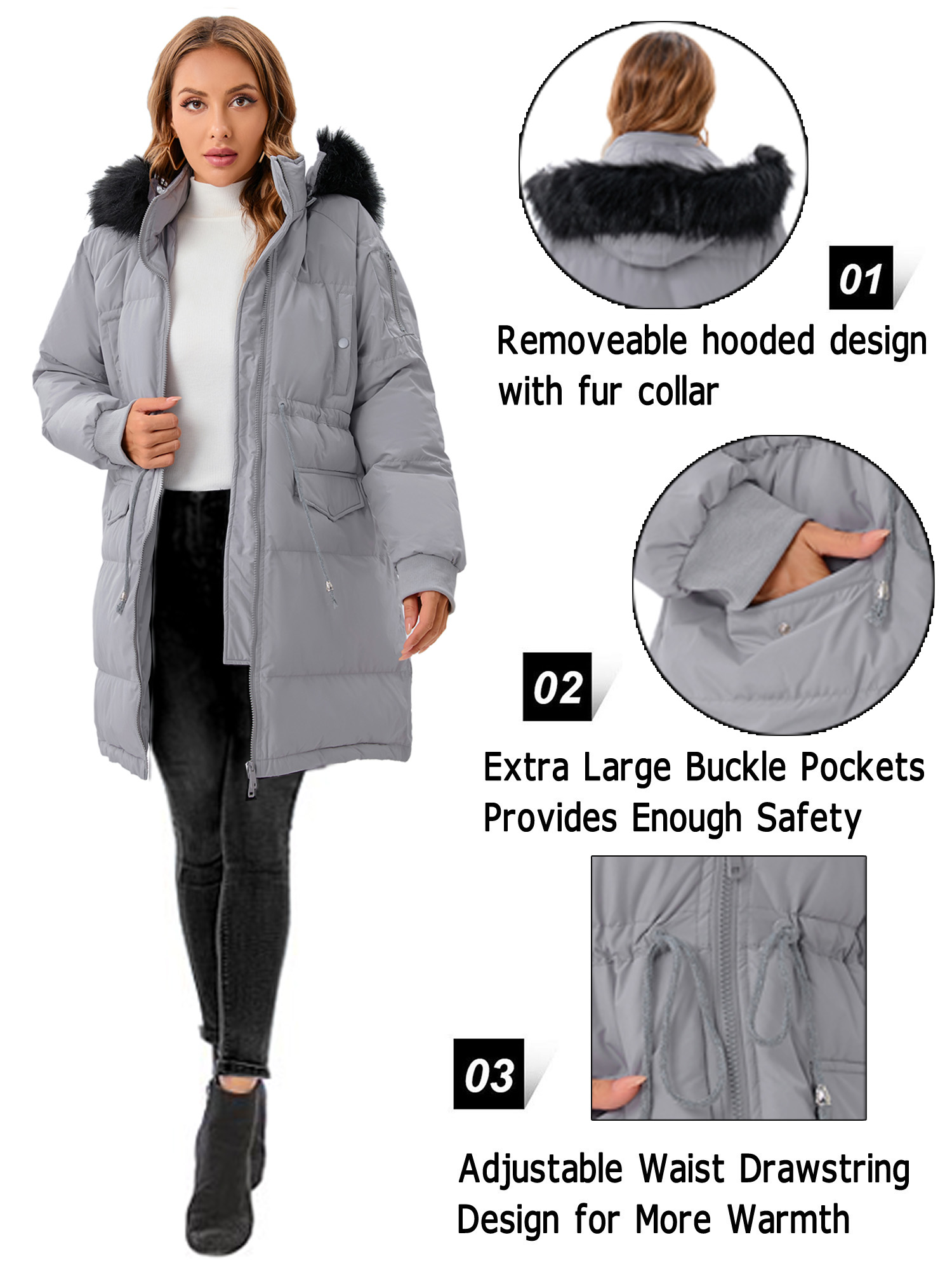LELINTA Women's Winter Long Down Jacket Thickened Outwear Warm Puffer Fur Trim Hooded Coat Waterproof Rain Zip Parka, Black/ Camouflage - image 2 of 7