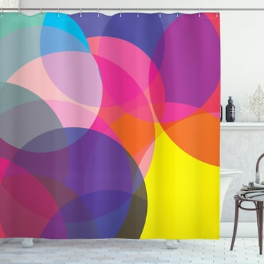 Geometric Shower Curtain, Abstract Colorful Circles Pattern Superimposed Geometric Shapes Illustration, Fabric Bathroom Set with Hooks, 69W X 70L Inches, Multicolor, by Ambesonne