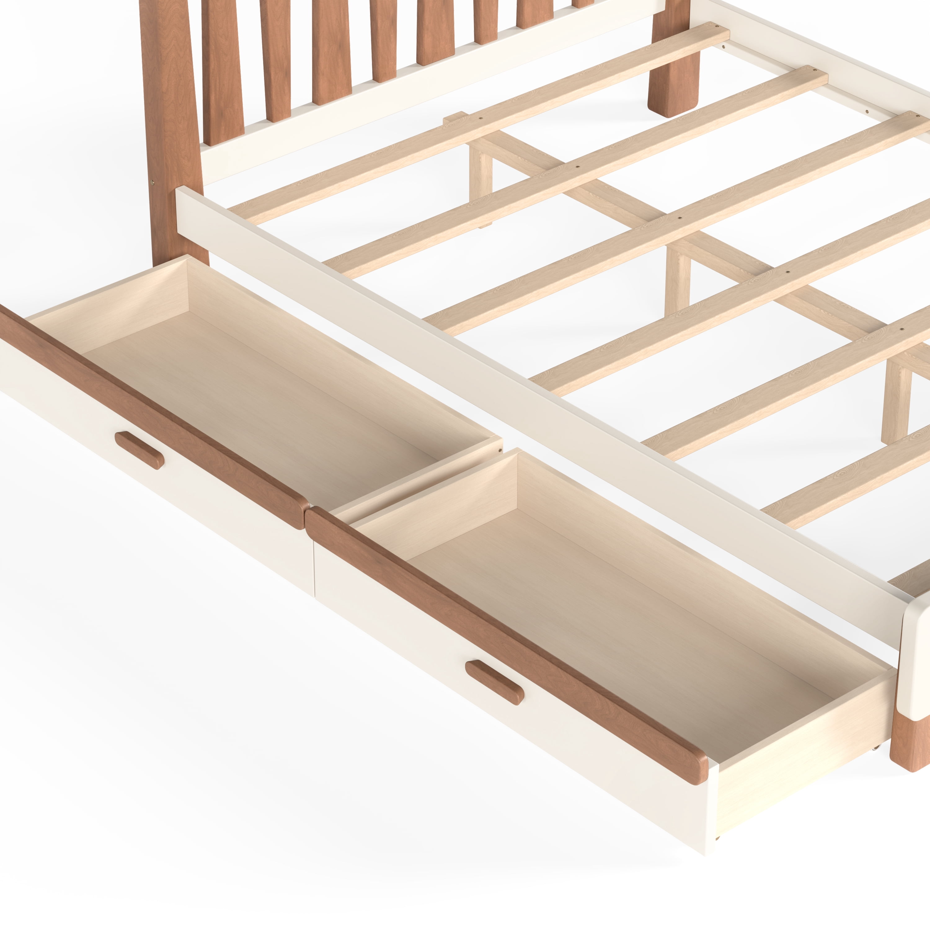 Platform Bed with Storage Drawer and Round Headboard, Full Solid Wood Bed Frame with No Box Spring Needed for Bedroom, Beige and Natural