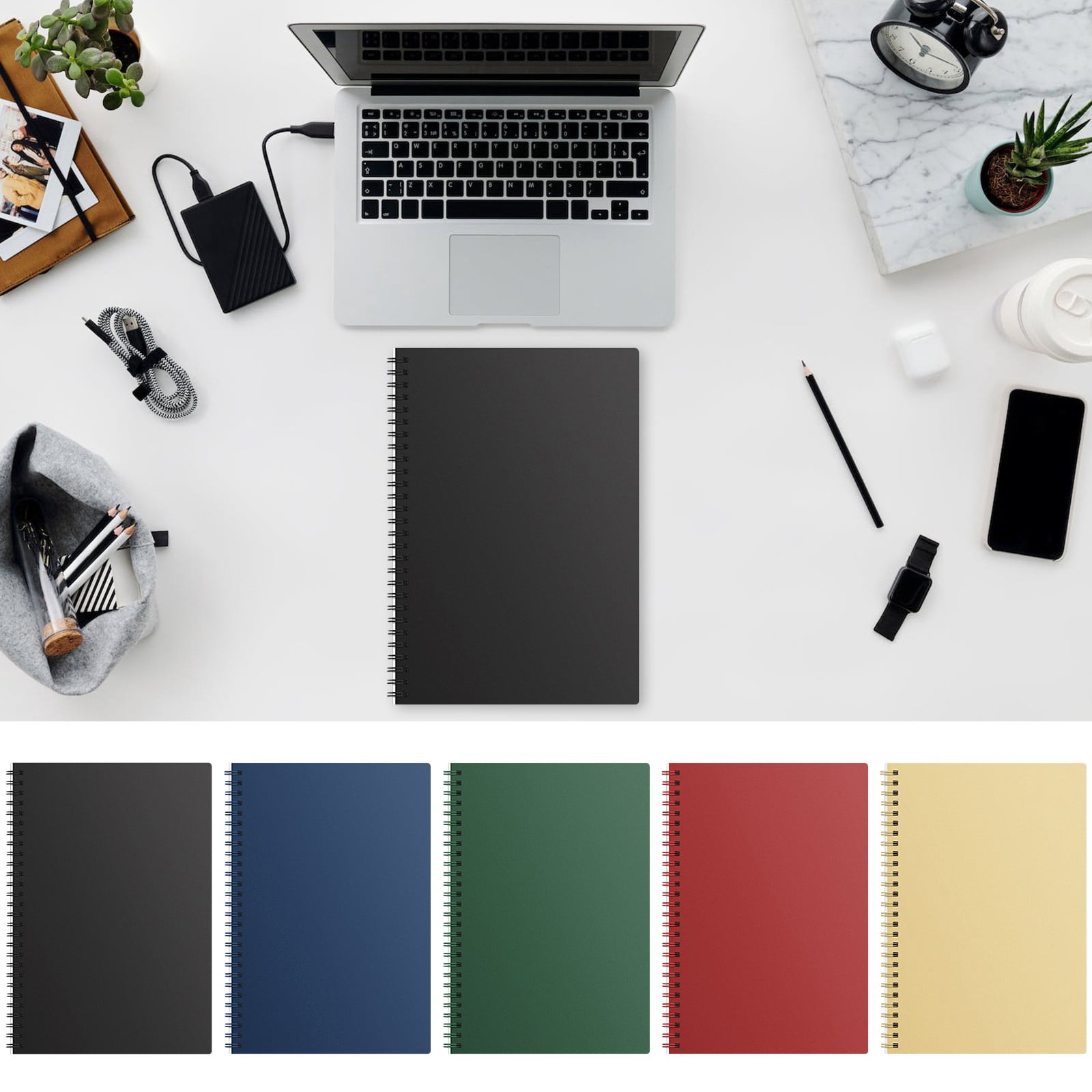VKLU A5 Spiral Notebook, Professional Black Lined Journal with Thickened Ink-Proof Paper, Vintage Wirebound Writing Pad for Office Meetings & Daily Notes