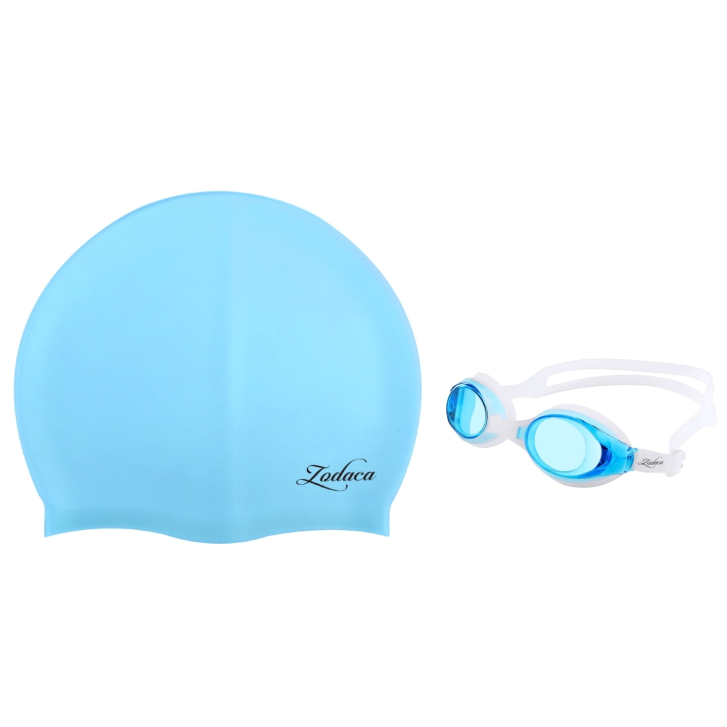 Zodaca Kids Child Adjustable Non-Fogging Anti UV Swim Swimming Goggles+Silicone Elastic Swimming Hat Swim Cap Light Blue by