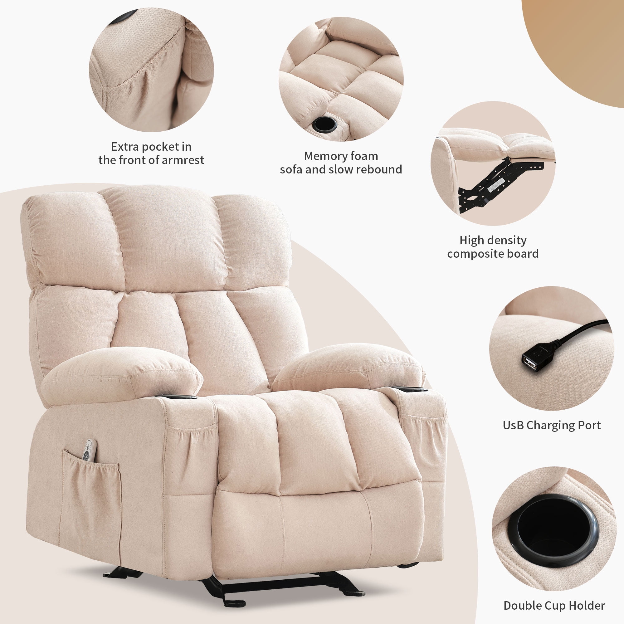 JONPONY Manual Recliner Chair with Heat Therapy and Massage Function, Heavy Duty Reclining Mechanism(图5)