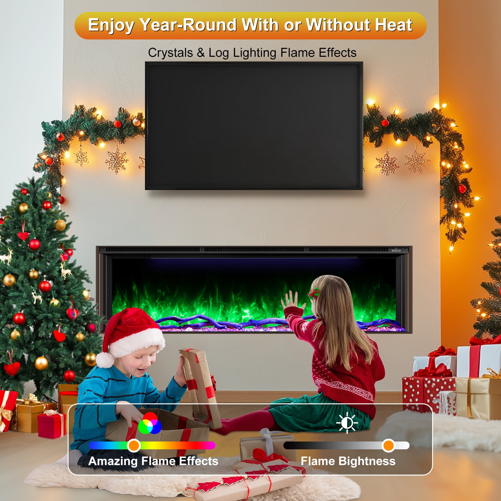 OSEYM 3 Sided Electric Fireplace 80 inch, Smart Built-in Linear Fire Places Heater 1500/750W with 251RGB LED Flames, APP & Remote Control, Cracking Sound, Timer, Log & Crystal