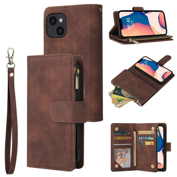 Jiahe Cover For iPhone 14 Wallet Case 6.1 inch,with Card Holder Wrist Strap Premium Leather Flip Kickstand Full Body Protection Case Cover,Coffee