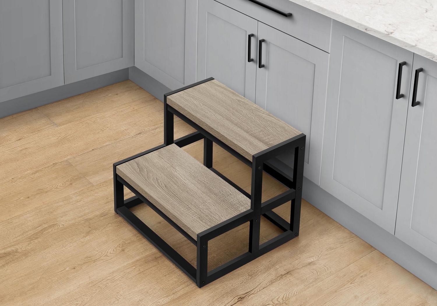 Monarch Specialties  Escabeau, Tabouret À Une Marche, Chambre À Coucher, Cuisine, Métal Noir, Stratifié Taupe Foncé, Contemporain