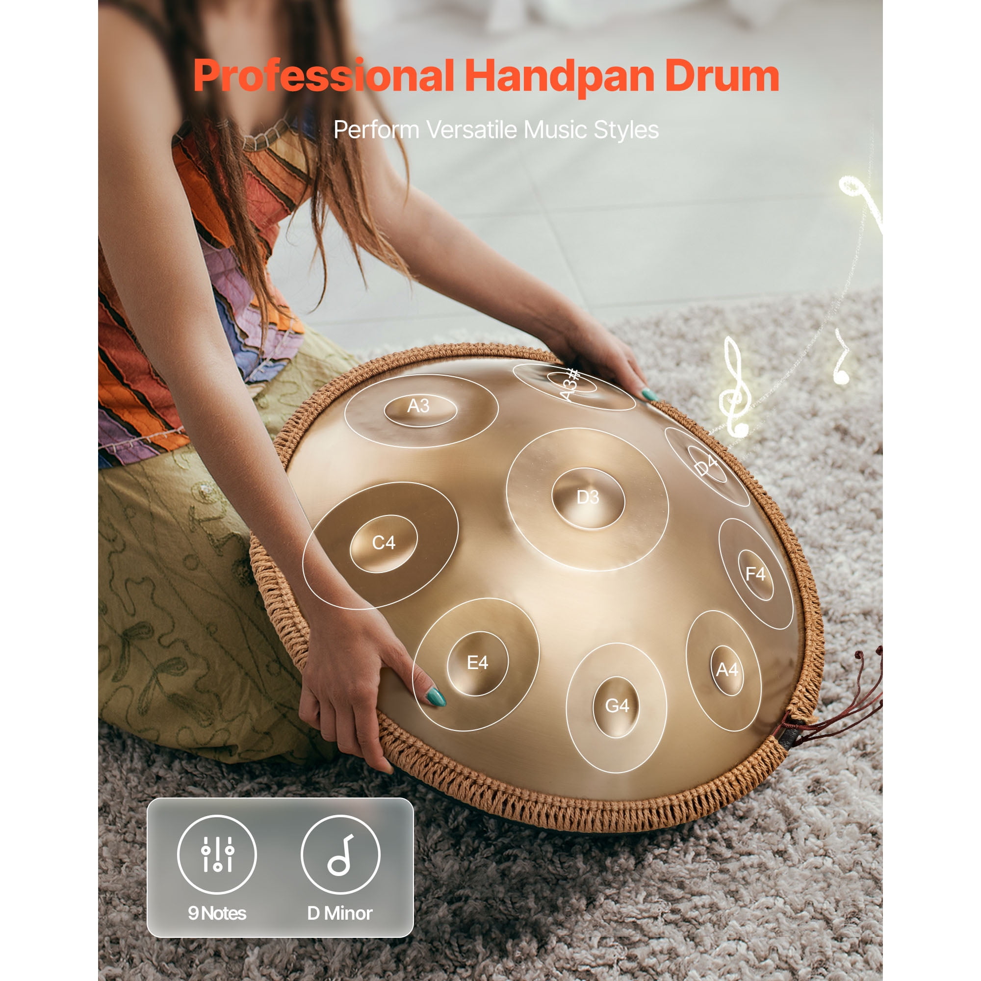 KFFKFF 22-Inch Steel Handpan Drum, 9-Note D Minor Percussion Instrument with 432Hz Tuning, Includes Edge Guard, Mallets, and Carrying Case for Performances