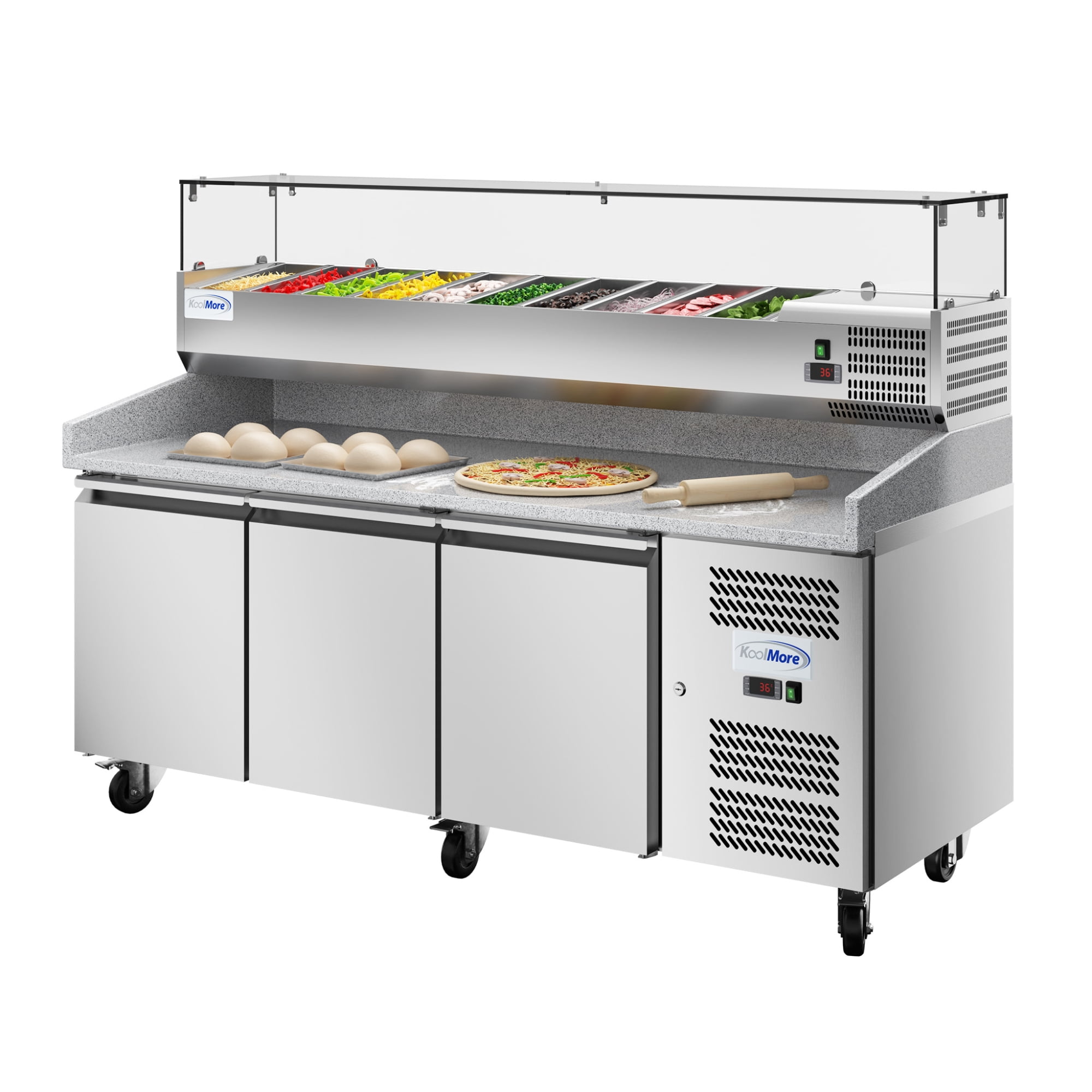 79 in. Three-Door Commercial Refrigerated Granite Top Pizza Prep Station With a Refrigerated Stainless-Steel Condiment Pan Holder (KM-RPCPS-2D79-GRT)
