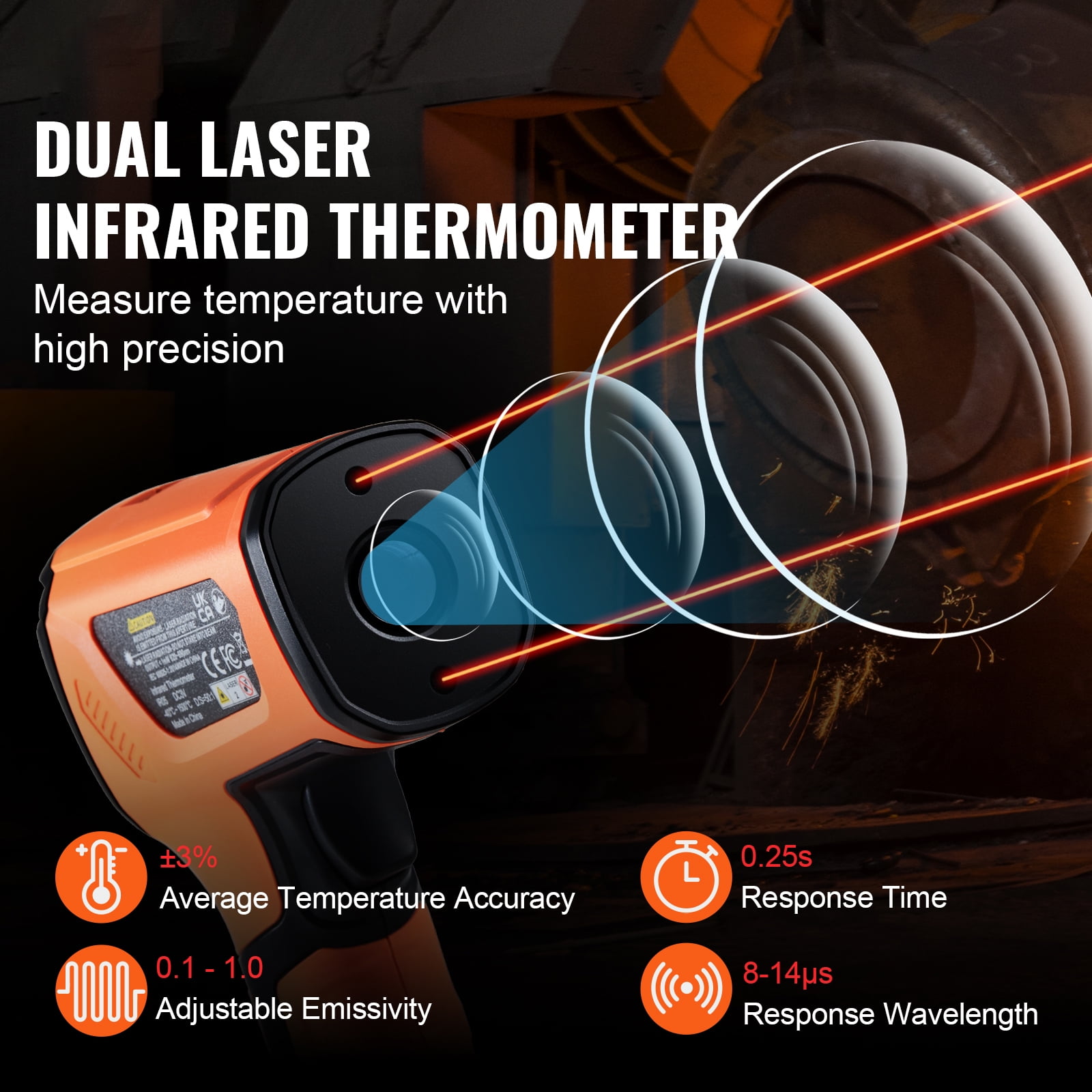 KFFKFF Infrared Thermometer, -40~2732°F Dual Laser Temperature Gun, Digital Laser for Cooking, Pizza Oven, Grill & Engine, IR Temp with Adjustable Emissivity Max-Min Measure